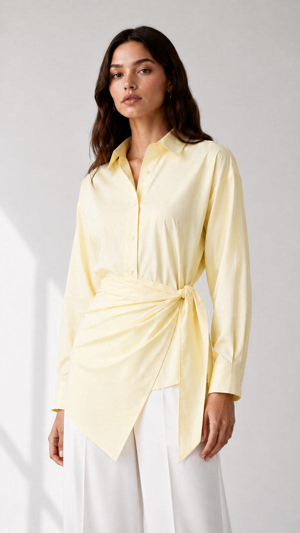 Wrap-front button-down shirt in pastel blue, yellow, and pink. It features a classic pointed collar, concealed-style front button placket, long sleeves with wide cuffs, and a waist tie detail that gathers at the side for a flattering draped silhouette. The asymmetric wrap hem adds a polished yet feminine touch, ideal for workwear, brunch, or elevated everyday styling.