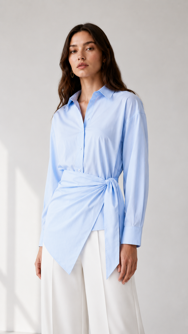 Wrap-front button-down shirt in pastel blue, yellow, and pink. It features a classic pointed collar, concealed-style front button placket, long sleeves with wide cuffs, and a waist tie detail that gathers at the side for a flattering draped silhouette. The asymmetric wrap hem adds a polished yet feminine touch, ideal for workwear, brunch, or elevated everyday styling.