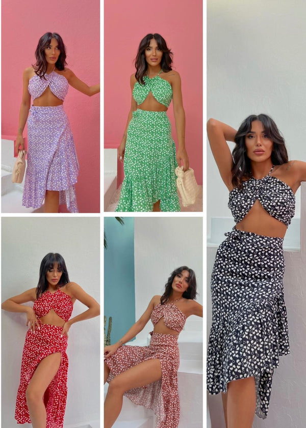 Heart printed crop & skirt set D - HANGER